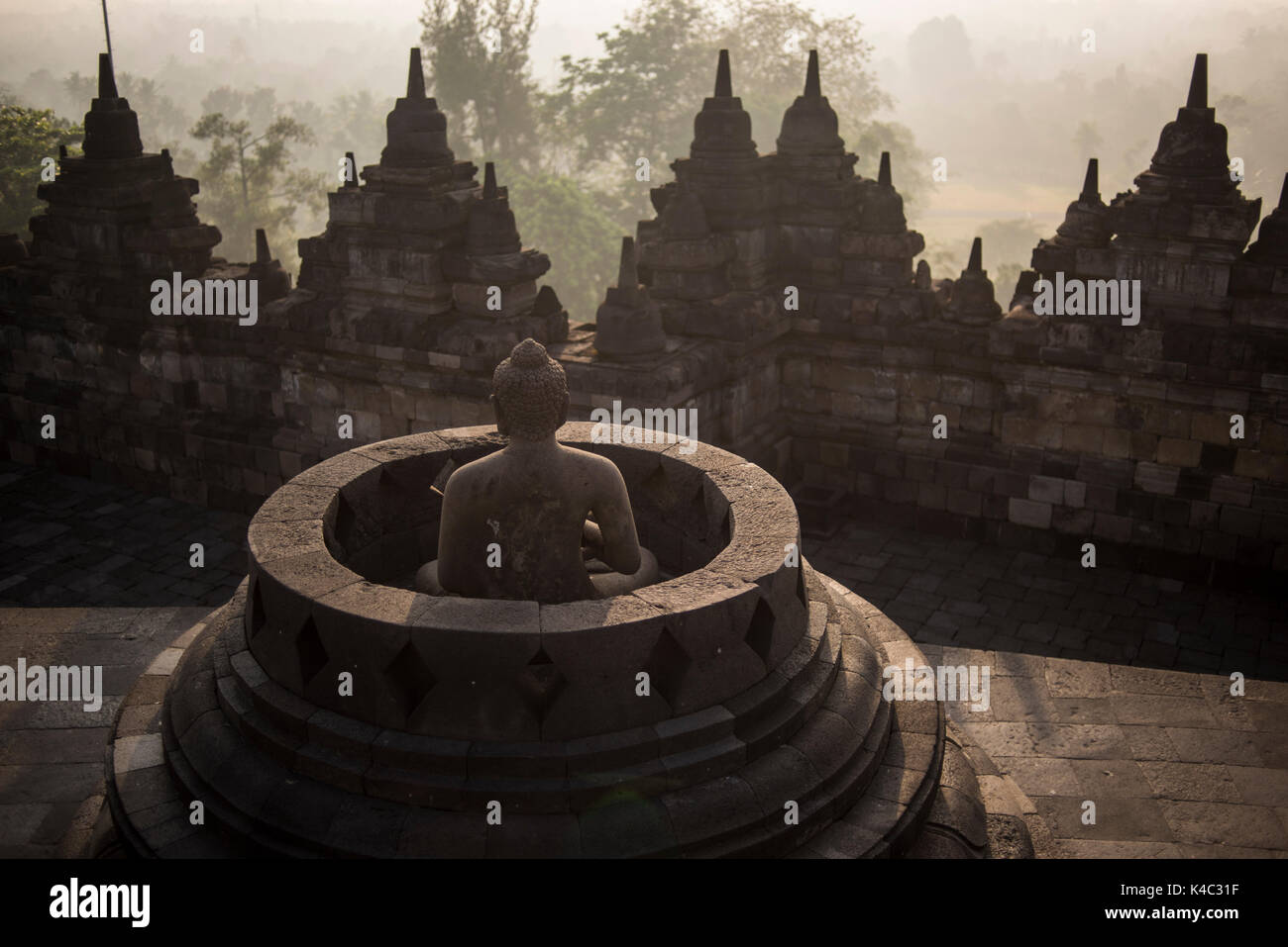 Statua del Buddha presso il tempio borobudor in java, Indonesia. Foto Stock