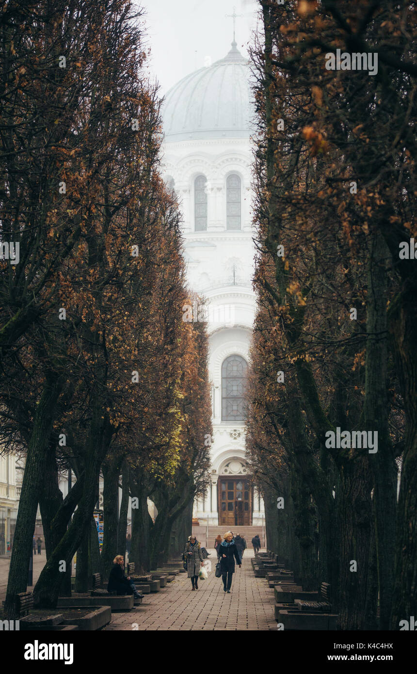 Kaunas, Lituania - 7 Novembre 2014: i residenti locali sono sulla strada di Laisves Aleja . San Michele Arcangeli chiesa in una nebbia sull'backgroun Foto Stock