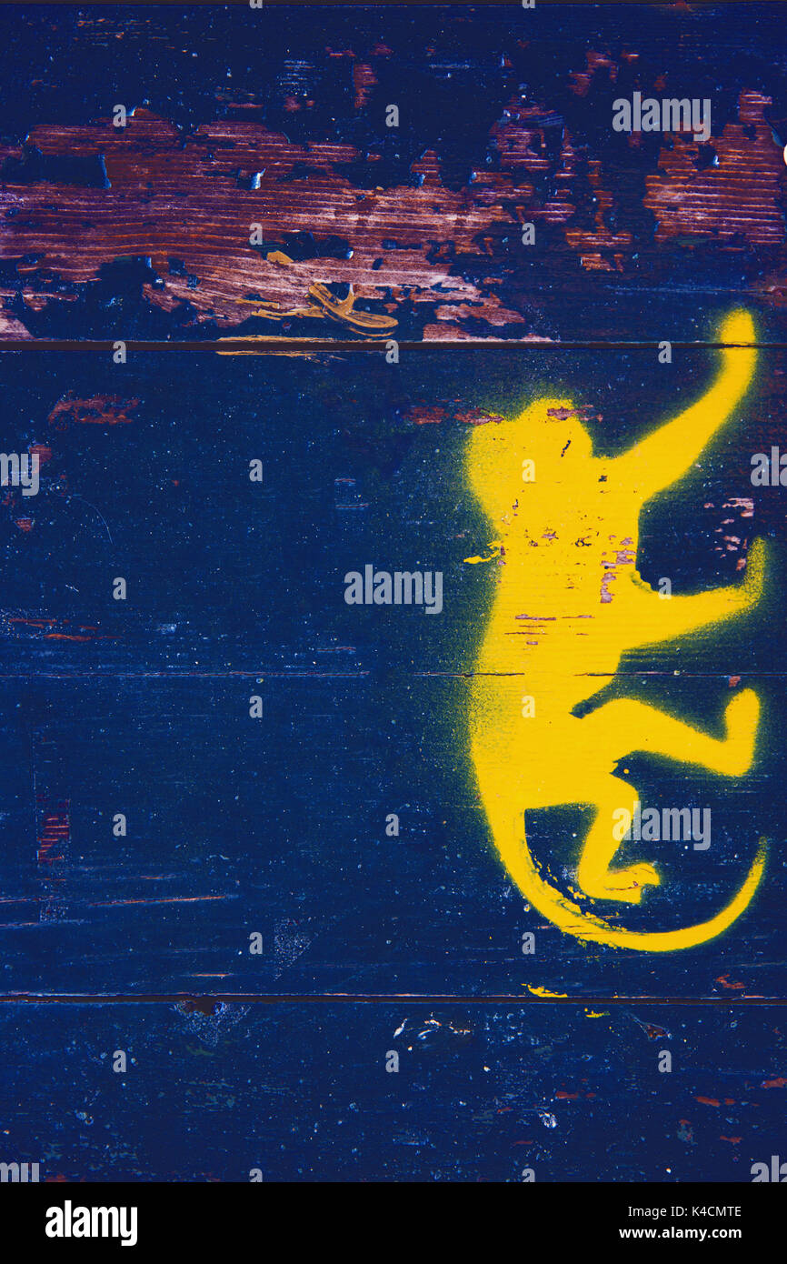 Graffiti, scimmia gialla sulla parete in legno Foto Stock