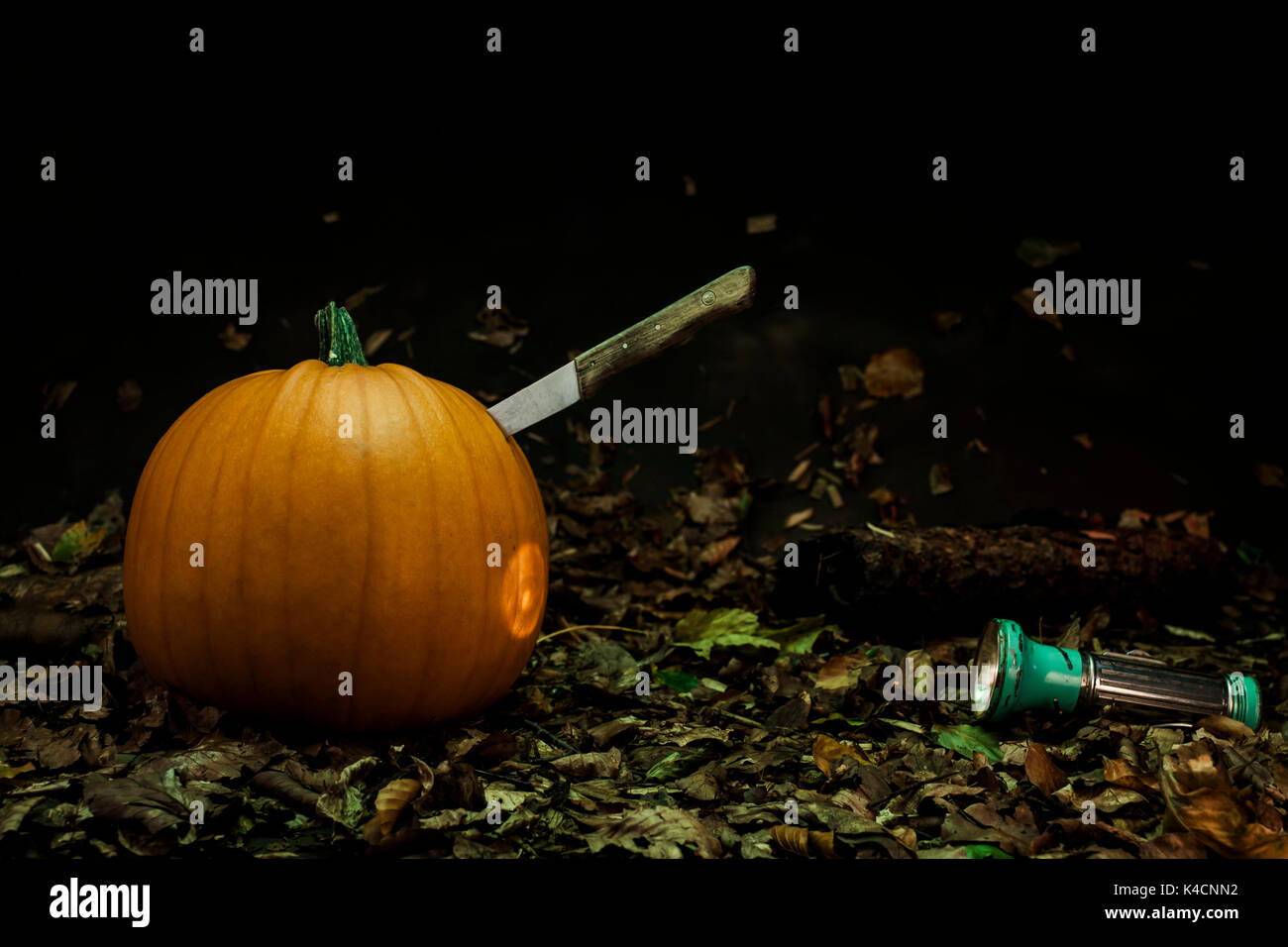 Zucca di Halloween con coltello e torcia, Studio Shot Foto Stock