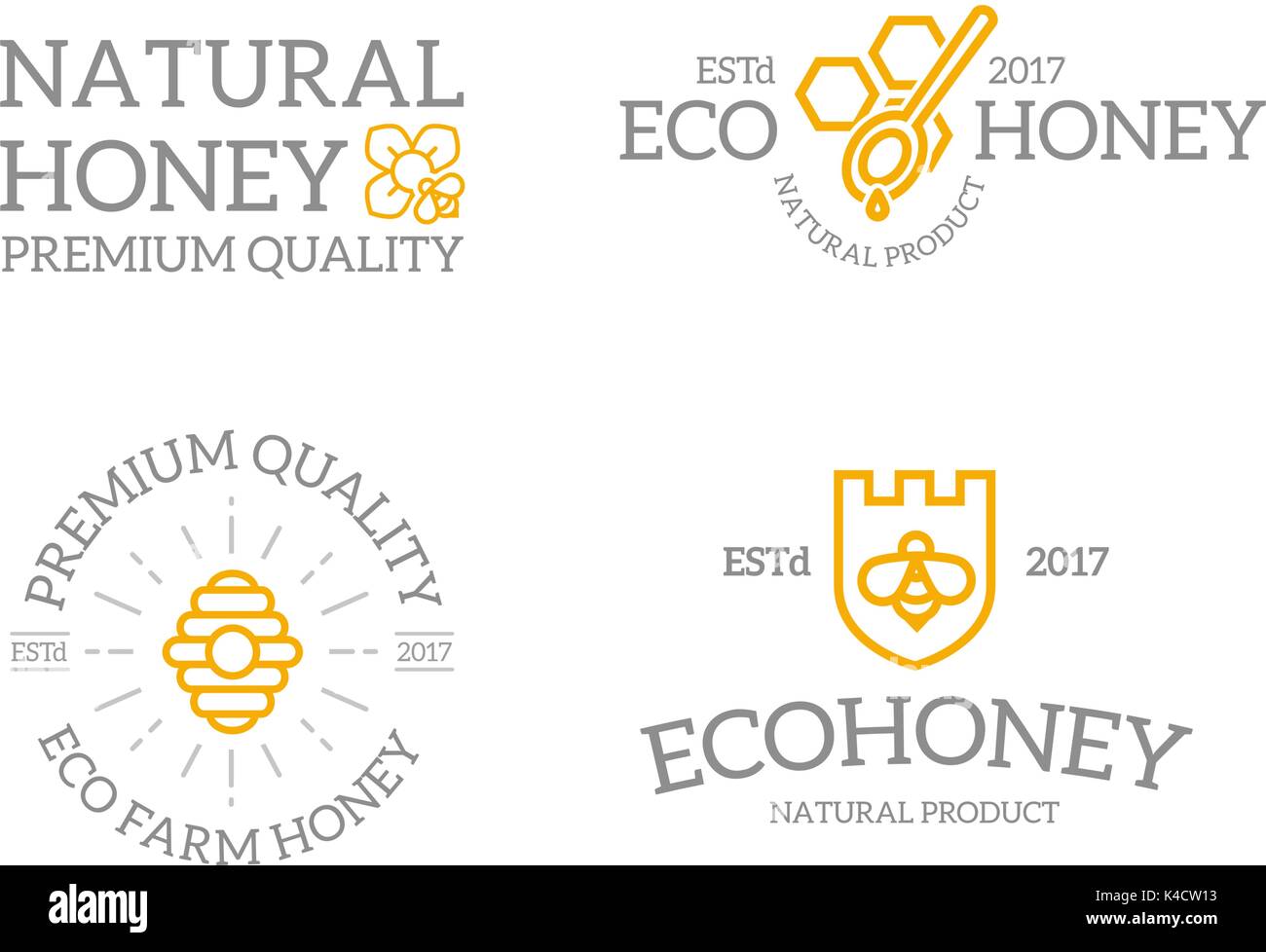 Set di retro vintage miele e protezione con un'ape, honeycomb, hive logo o insegne, emblemi, etichette e distintivi e altri oggetti di branding. Vettore stile linea Illustrazione Vettoriale