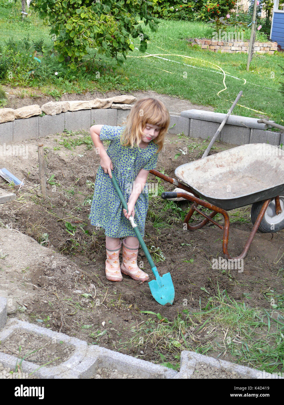 Bambino aiutando con il giardinaggio, la pianificazione di un laghetto in giardino Foto Stock