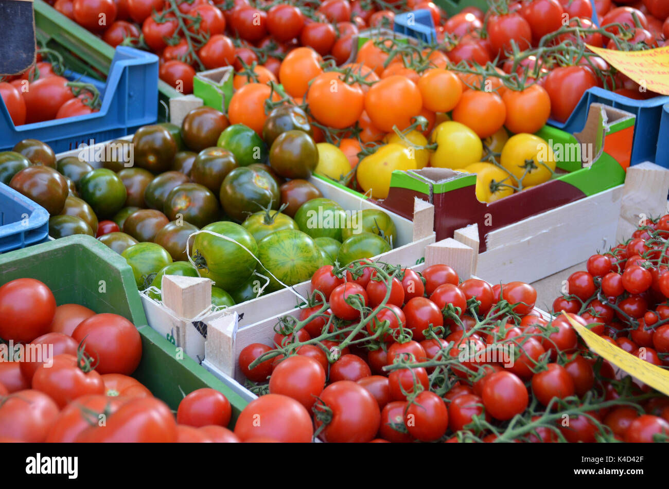 Verdure al mercato settimanale, varietà di pomodoro Foto Stock