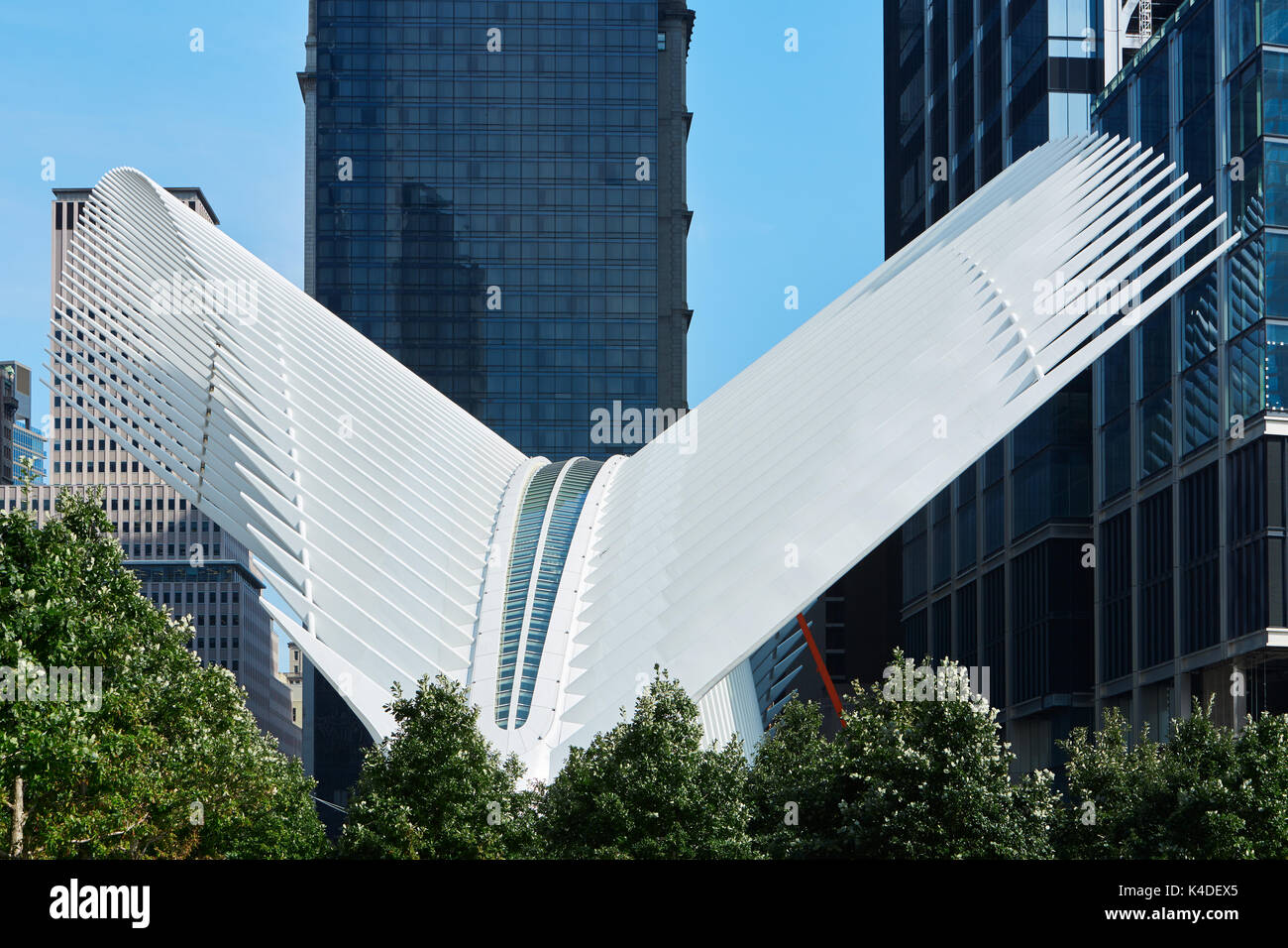 Occhio esterno del white World Trade Center stazione in una giornata di sole in New York Foto Stock