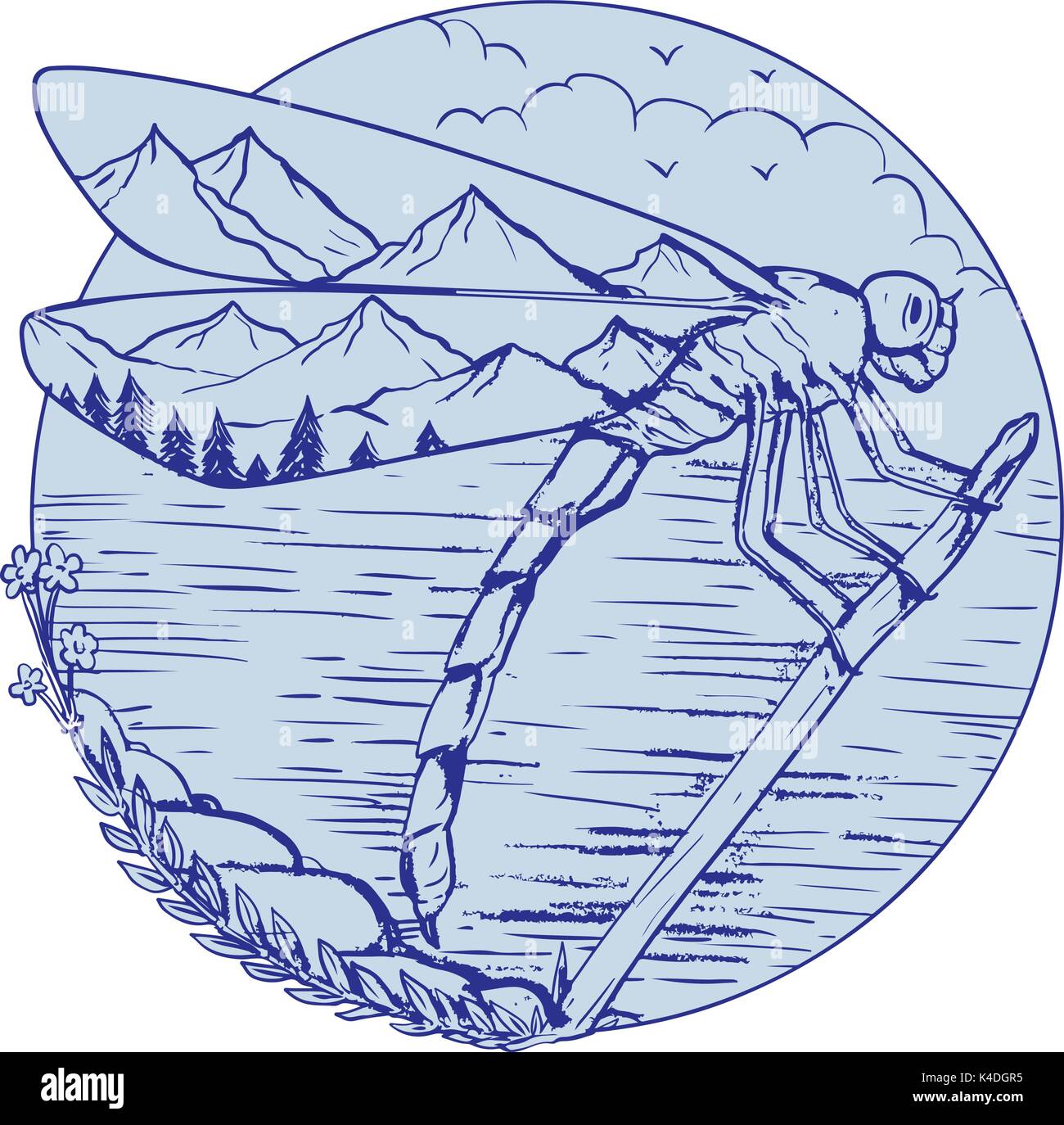 Disegno stile di disegno illustrativo di una libellula con montagne in ali in appoggio sul ramo ramoscello con il lago di mare in background. Illustrazione Vettoriale