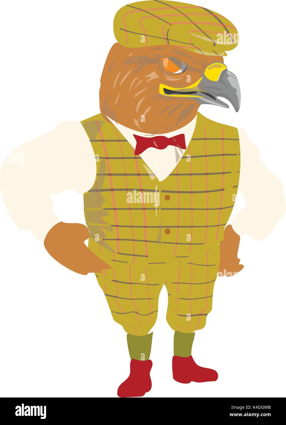 Schizzo di disegno illustrazione dello stile di un falco inglese Outdoorsman indossando fresa formaggio hat cap, giubbotto, il filtro bow tie con le mani sui fianchi eseguita in stile cartoon. Illustrazione Vettoriale