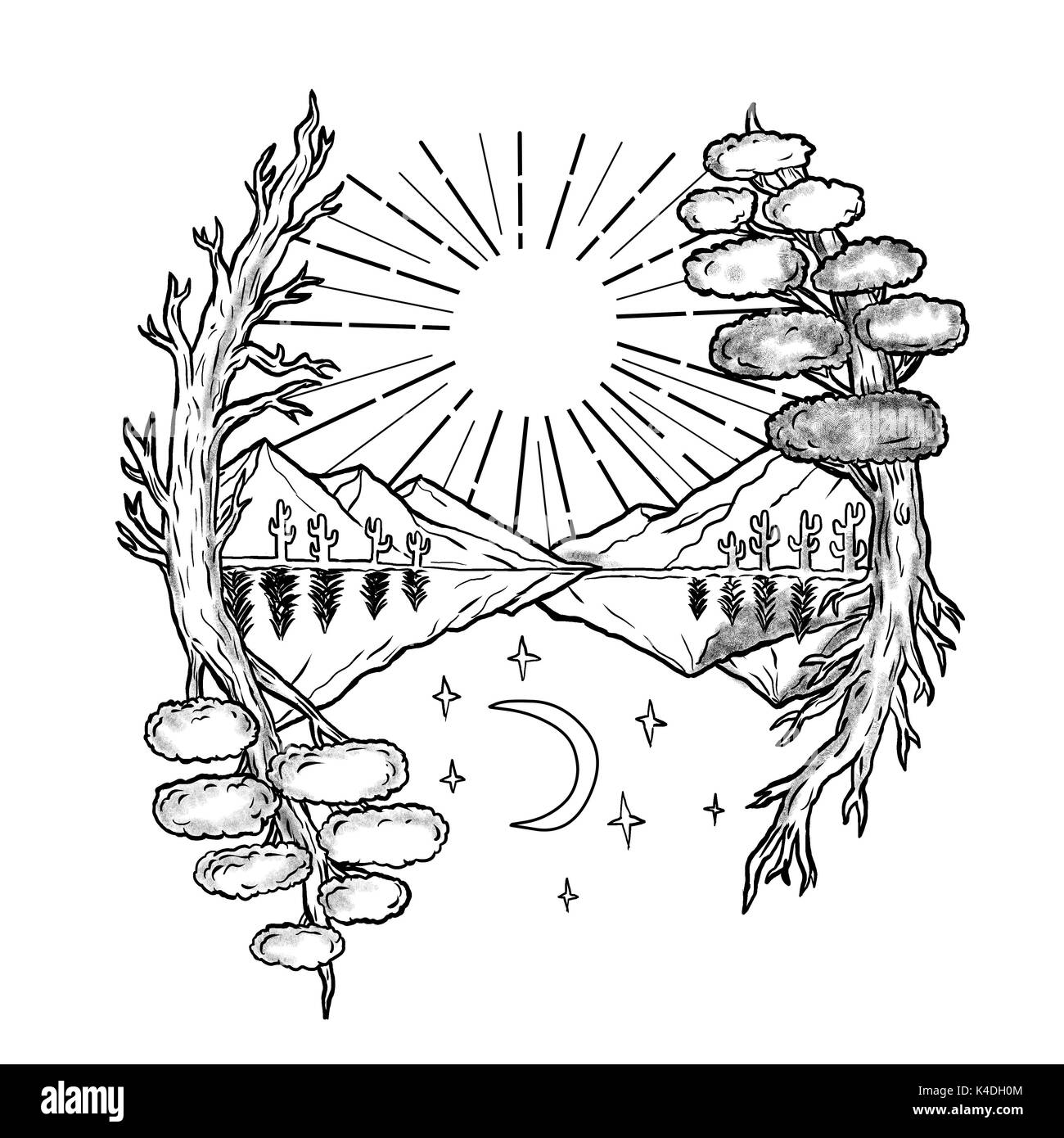 Lo stile di tatuaggio illustrazione di un giorno e notte simbolismo con Sun, alberi e montagne sulla metà superiore e la luna e le stelle di seguito. Foto Stock