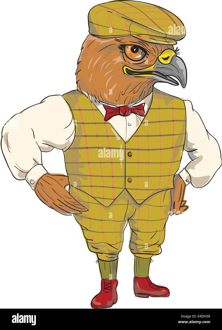 Schizzo di disegno illustrazione dello stile di un falco inglese Outdoorsman indossando fresa formaggio hat cap, giubbotto, il filtro bow tie con le mani sui fianchi eseguita in stile cartoon. Illustrazione Vettoriale