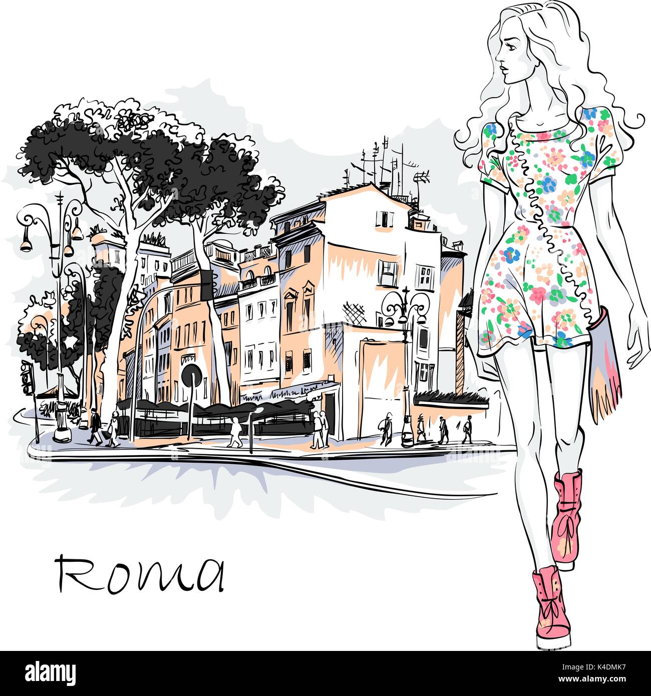 Carino moda ragazza in Roma, Italia Illustrazione Vettoriale