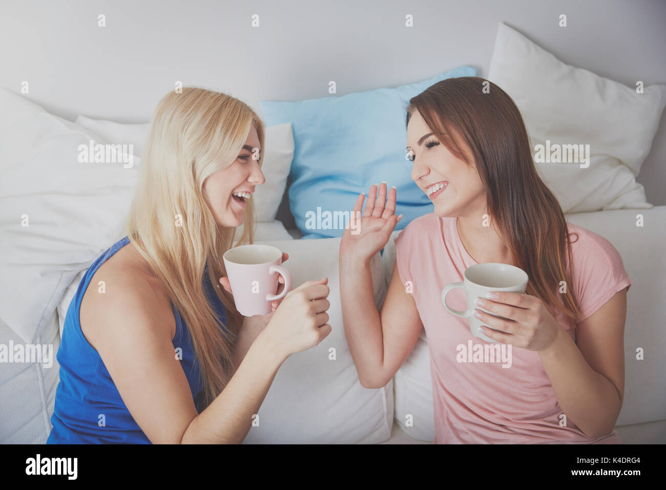 Ritratto di due felici donne bere il tè scherzando e ridendo a casa. Foto Stock
