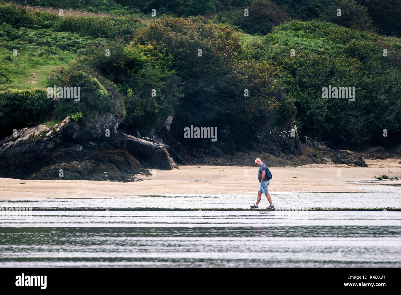 Gannel estuary - un uomo solitario camminare su una passerella sopra il fiume gannel in Newquay, Cornwall. Foto Stock