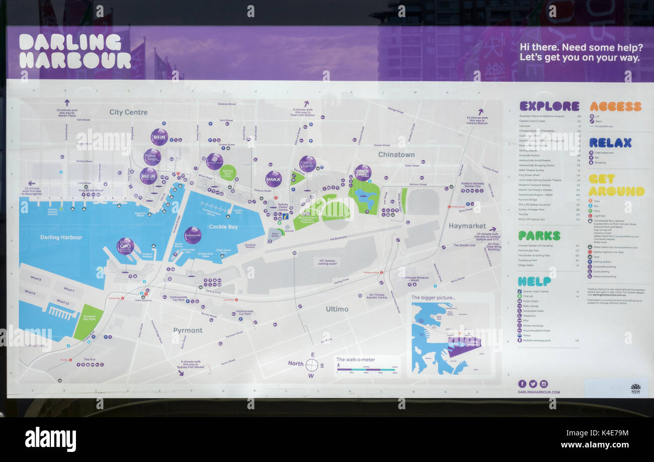 A Darling Harbour pubblico Mappa Turistica di Sydney Australia che mostra le principali attrazioni turistiche Foto Stock
