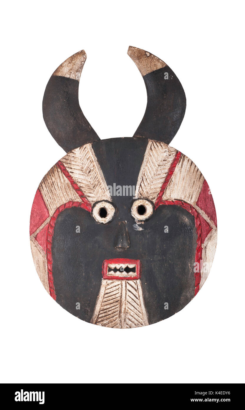 Dettaglio di un baule maschera femminile dalla Costa d Avorio/Africa, scolpito in legno con pigmento/caolino patina; piccoli gruppi, graffi e crepe attestano la sua età/u Foto Stock