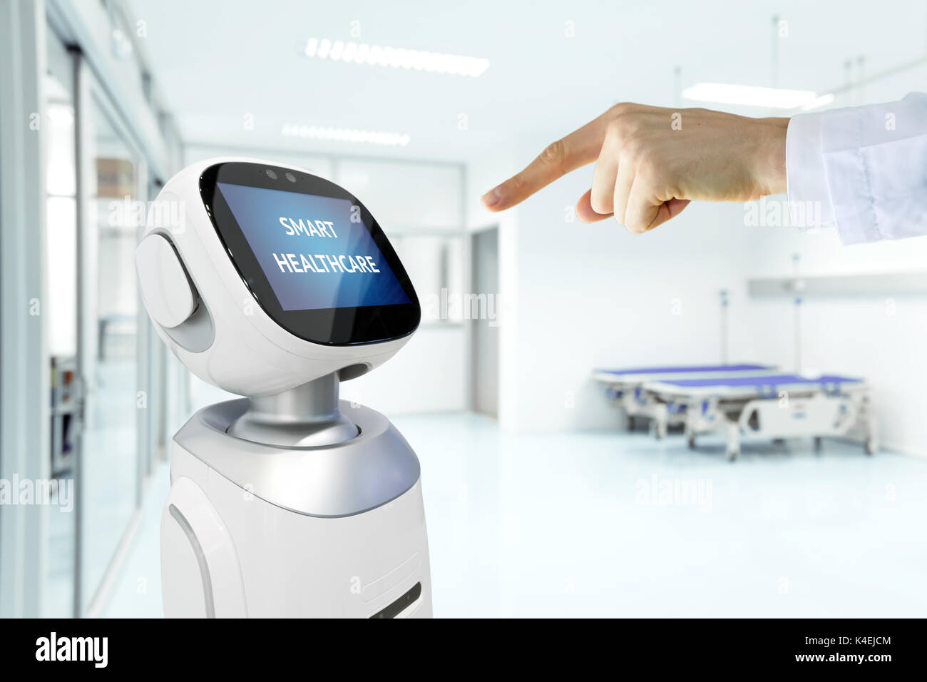 Consulente di robotica tecnologia di servizio nel settore sanitario smart hospital , l'intelligenza artificiale del concetto. Medico punto di dito di robot. Foto Stock