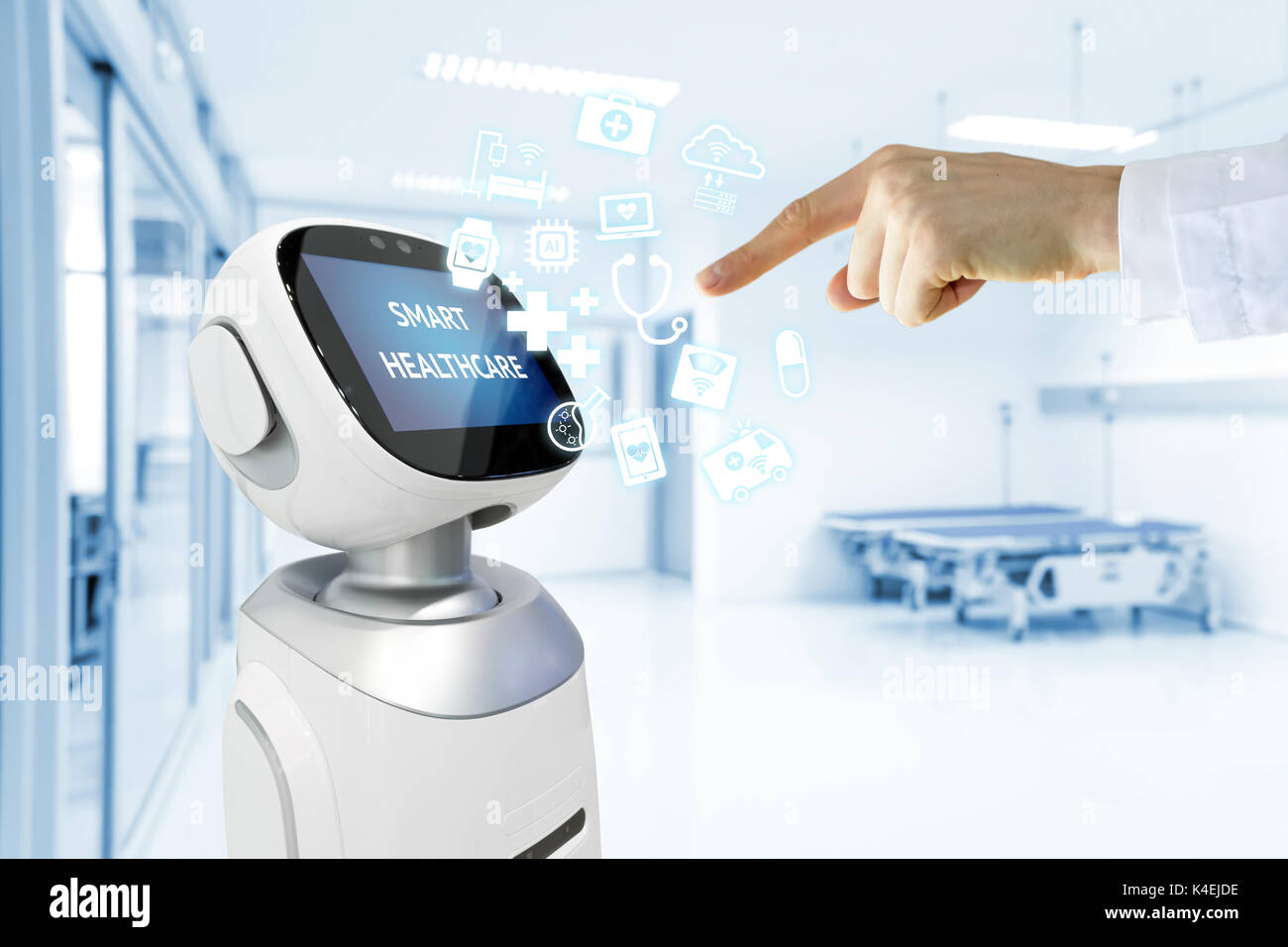 Consulente di robotica tecnologia di servizio nel settore sanitario smart hospital , l'intelligenza artificiale del concetto. Medico punto di dito di robot e icone.tonalità blu im Foto Stock