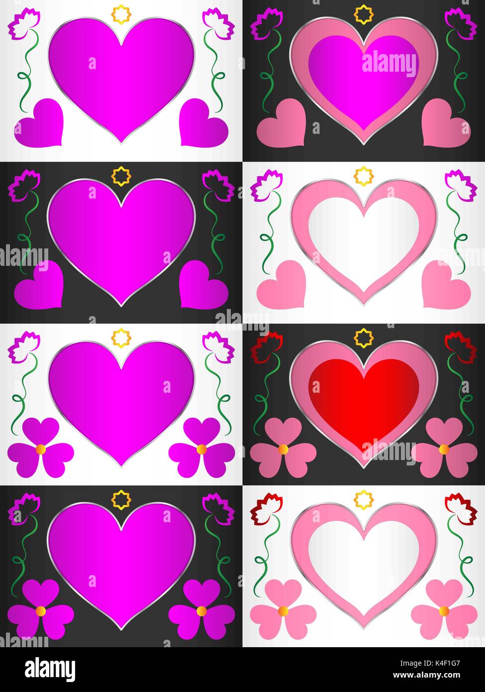 Con il modello a forma di cuore per area di testo che può essere inscritto nel centro. Il modello è decorata con cuori e fiori Illustrazione Vettoriale