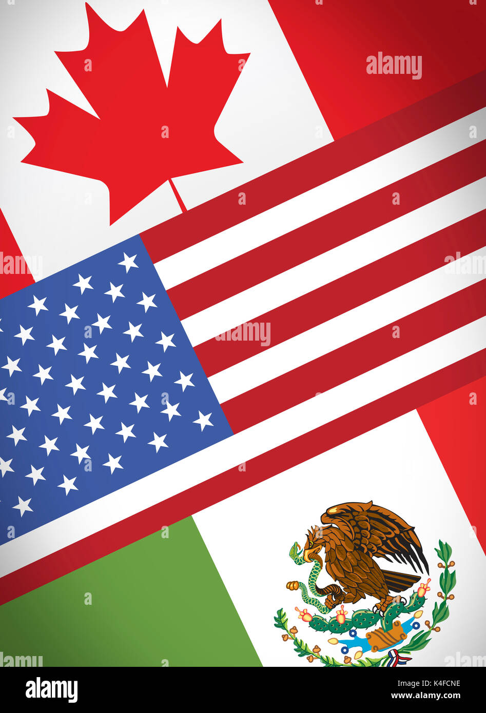 Il NAFTA economico accordo commerciale, Canada, Stati Uniti e Messico bandiere Foto Stock