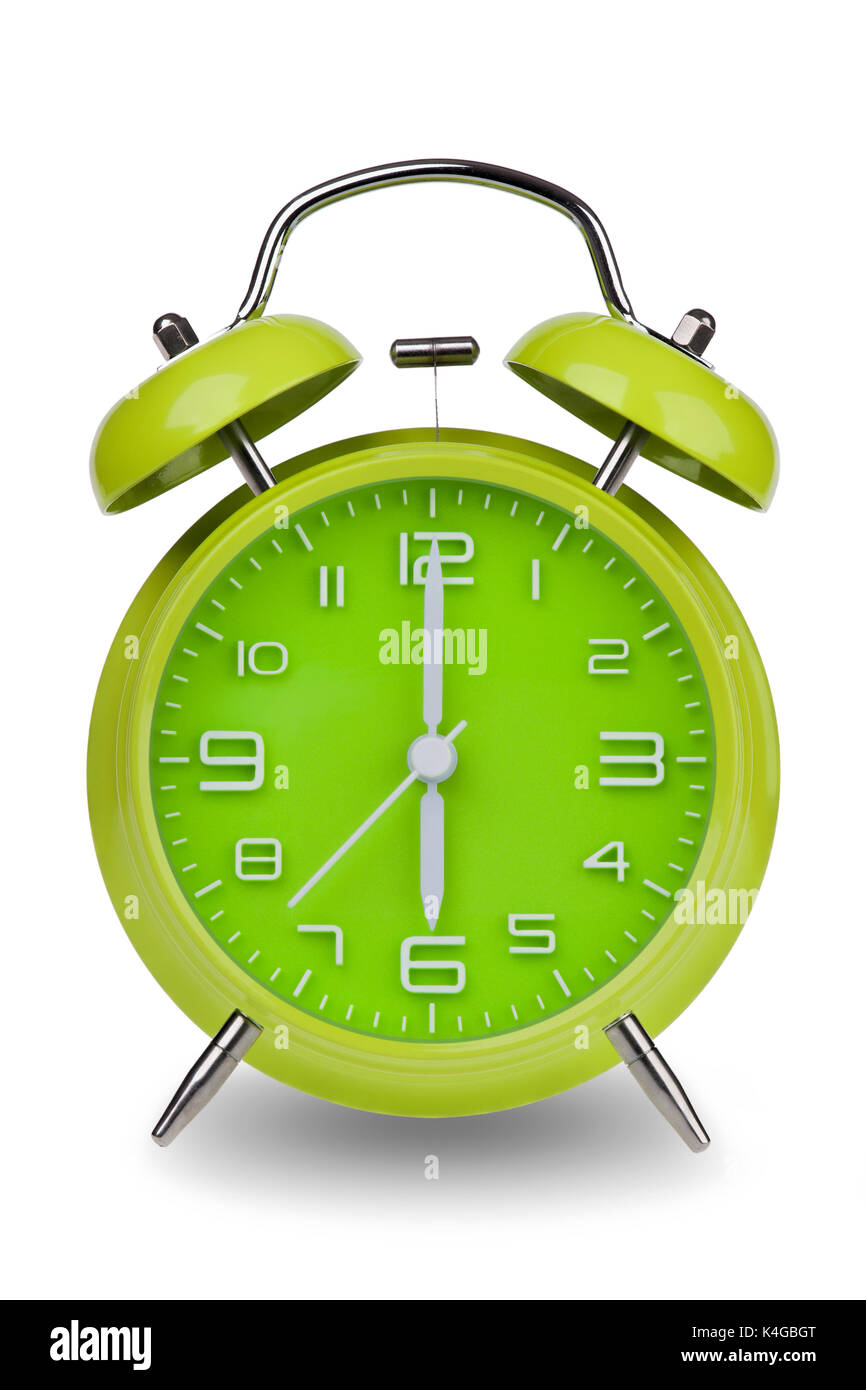 Green orologio sveglia con le mani alle 6 am o pm isolato su uno sfondo bianco. uno di una serie di 12 immagini che mostra la parte superiore di ogni ora a partire da 1 a Foto Stock