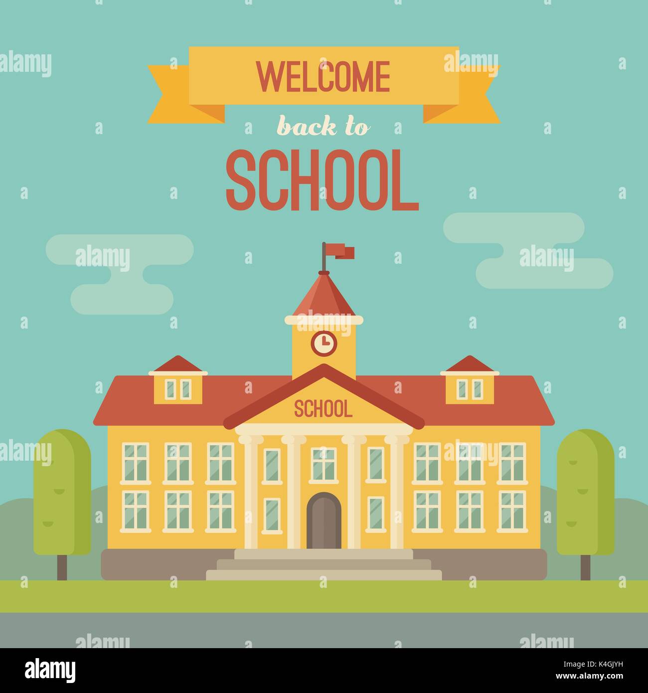 Edificio scolastico banner con testo Benvenuti torna a scuola Illustrazione Vettoriale