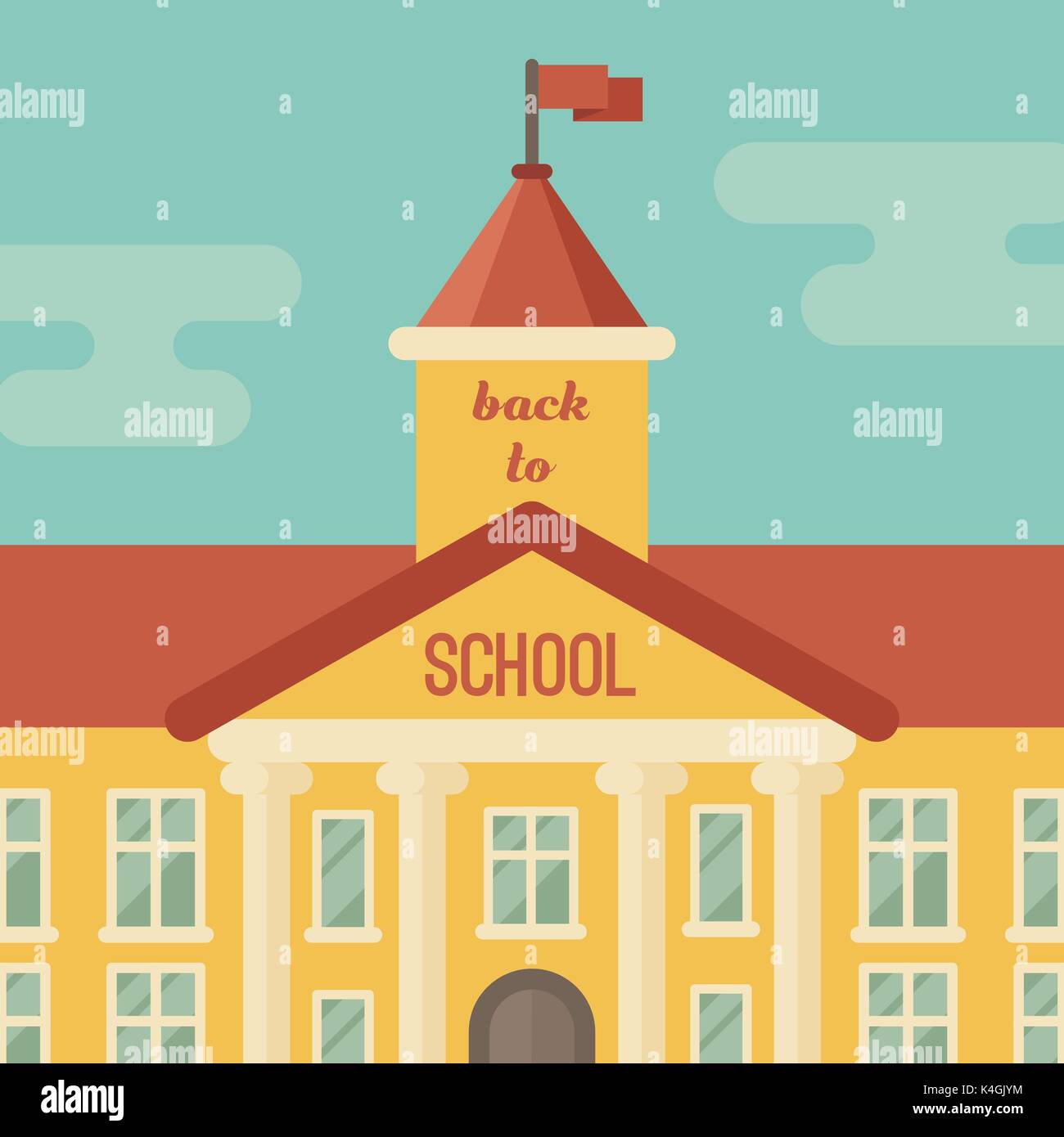 Edificio scolastico closeup con testo torna a scuola, illustrazione piatta Illustrazione Vettoriale