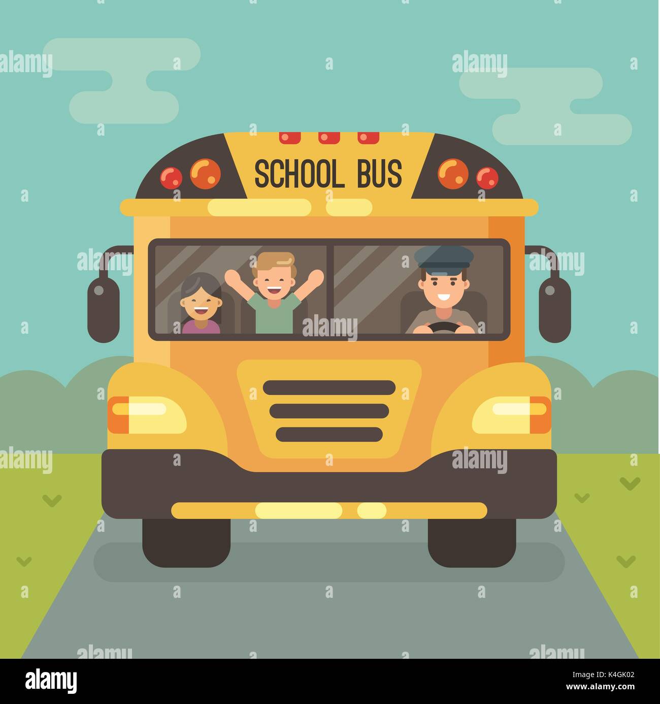 Giallo scuola bus sulla strada, vista frontale con un autista e due bambini e un ragazzo e una ragazza. Illustrazione Vettoriale