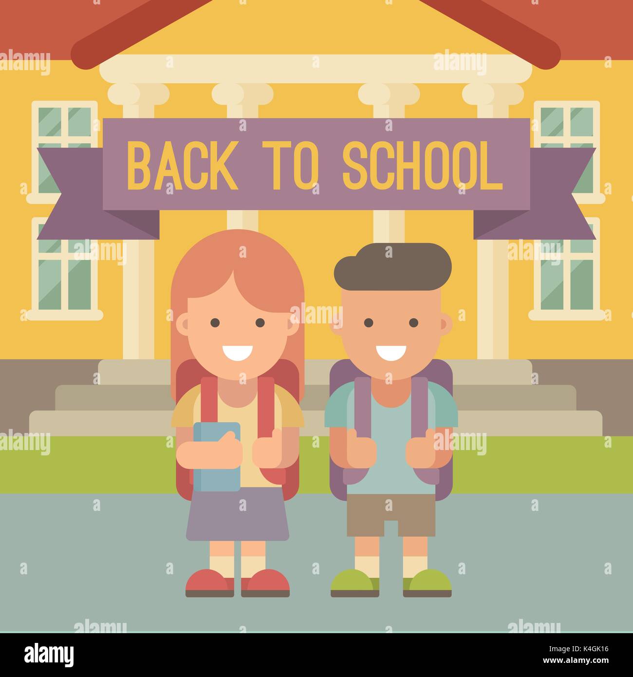 I Bambini Che Vanno A Scuola Un Ragazzo E Una Ragazza Con Zaini In Piedi Di Fronte All Edificio Scolastico Figura Piana Si Torna A Scuola Immagine E Vettoriale Alamy