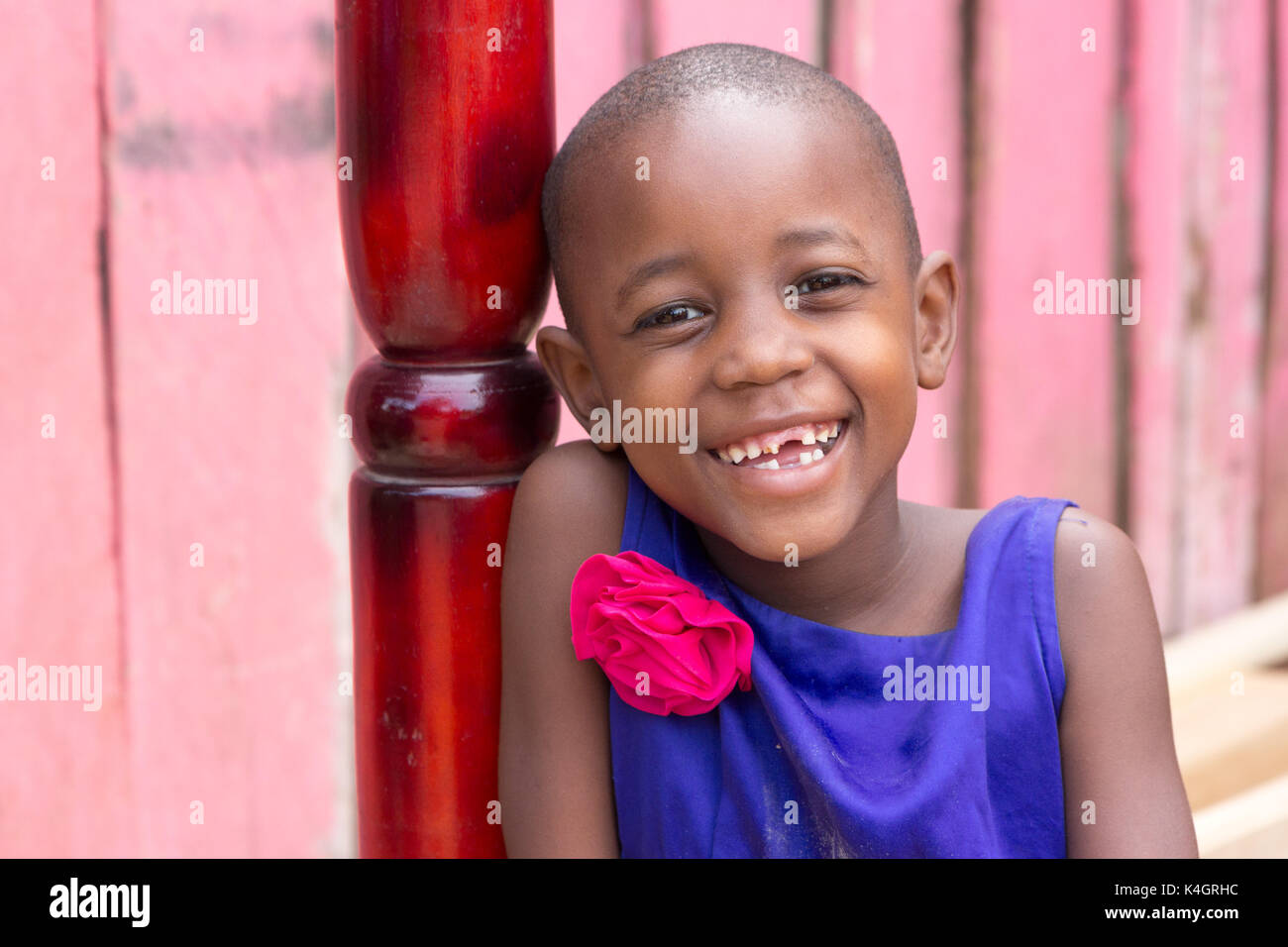 Una giovane e bella ragazza sorridente. Ella è vestito con un abito blu con fiore rosa sulla spalla. Foto Stock