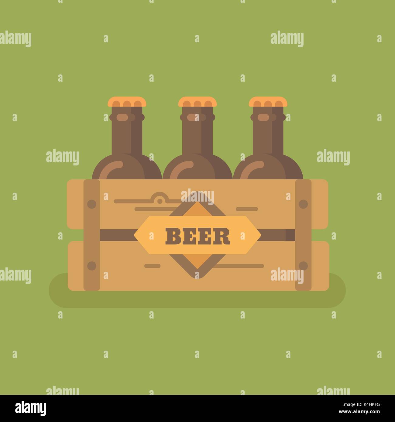 Cassa di birra con tre bottiglie di birra illustrazione piatta Illustrazione Vettoriale