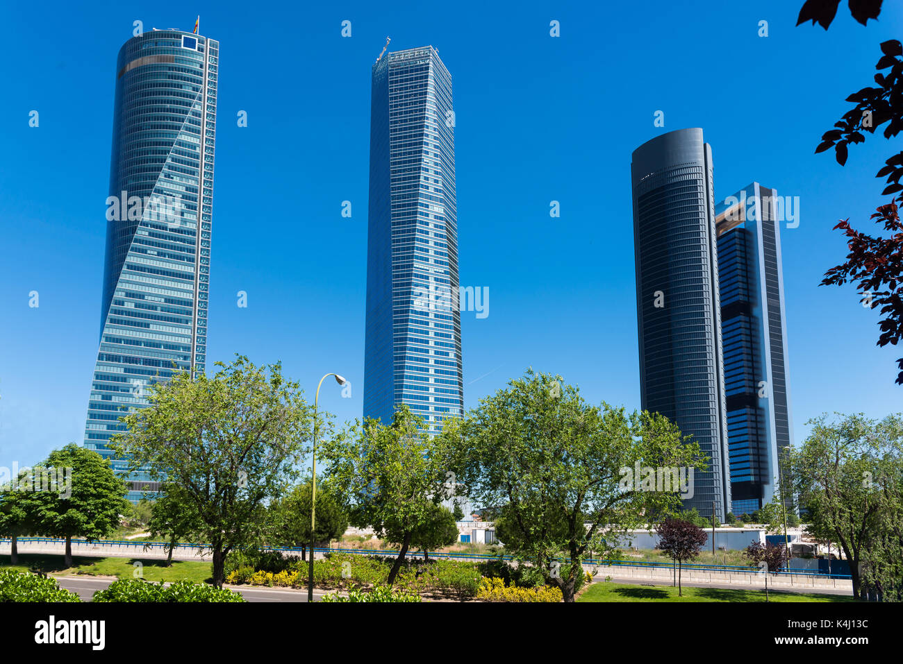 Le quattro torri di grattacieli finance area di Madrid, Spagna Foto Stock