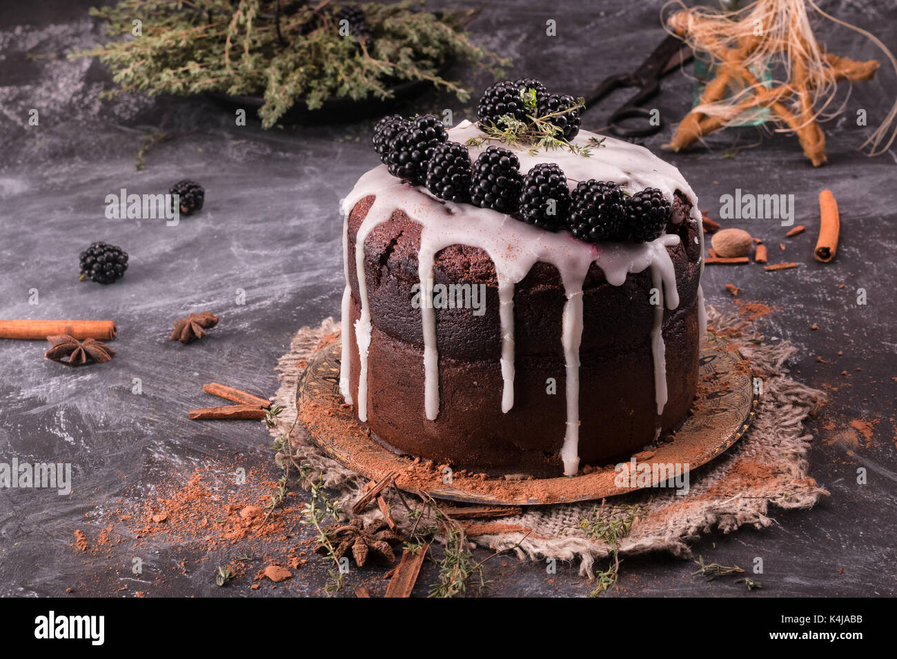 Incredibile torta al cioccolato. Torta al cioccolato fondente scura e umida. Torta con mirtilli neri e cannella su sfondo scuro. Foto Stock