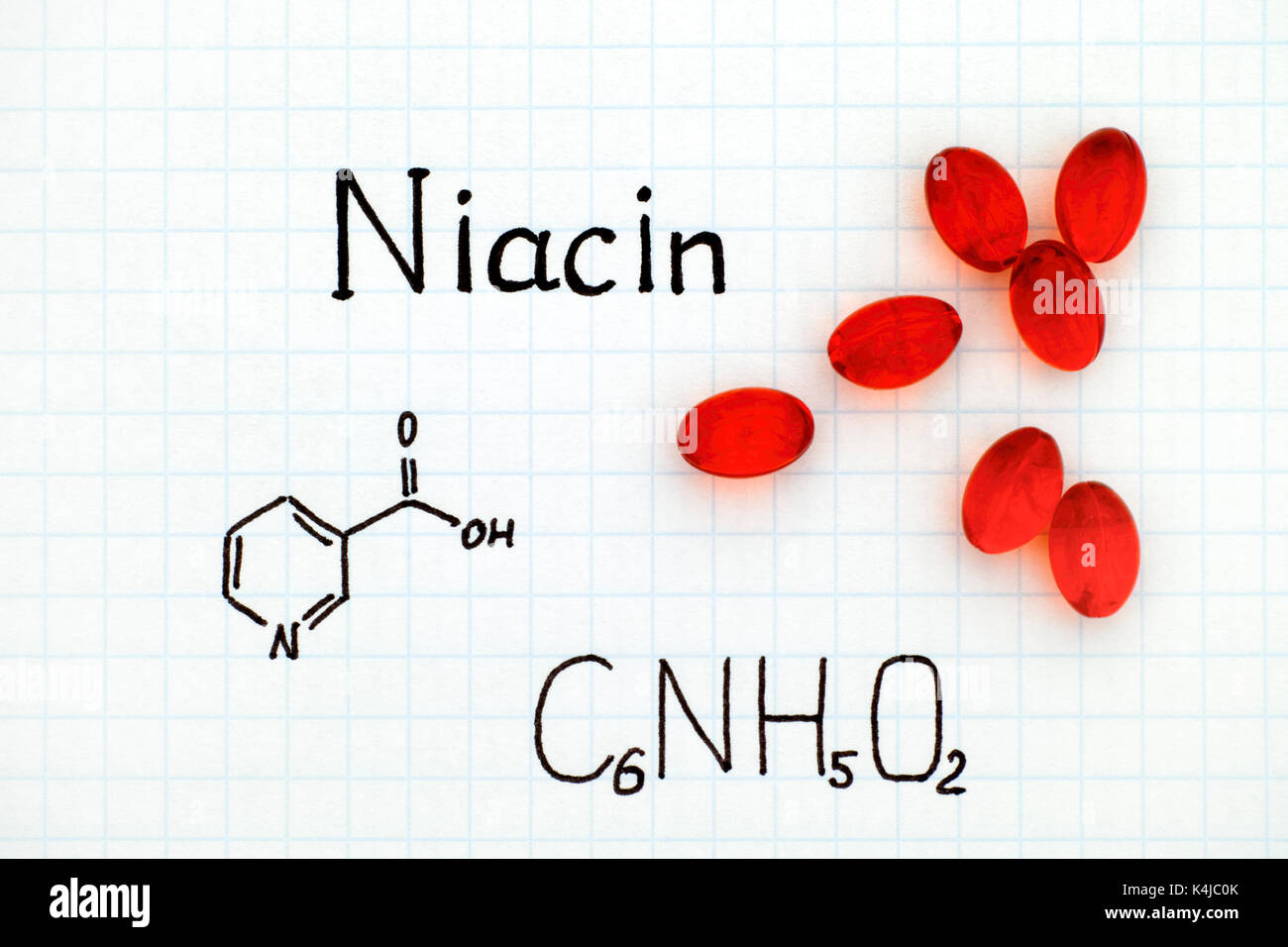 Formula chimica di niacina con la pillola rossa. close-up. Foto Stock