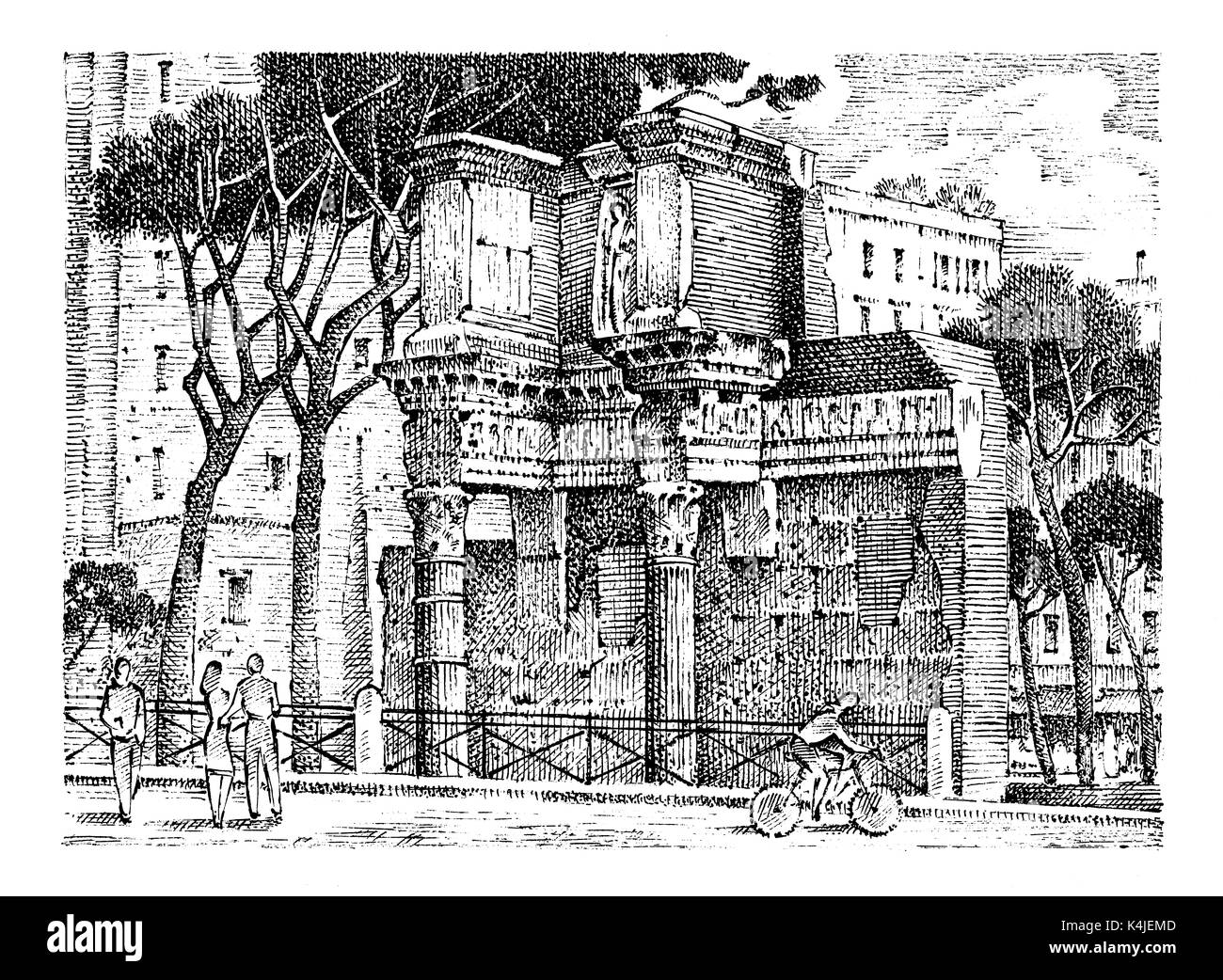 Paesaggio in città europea Roma in Italia . inciso disegnati a mano nel vecchio disegno e stile vintage. architettura storica con edifici in prospettiva vi Foto Stock