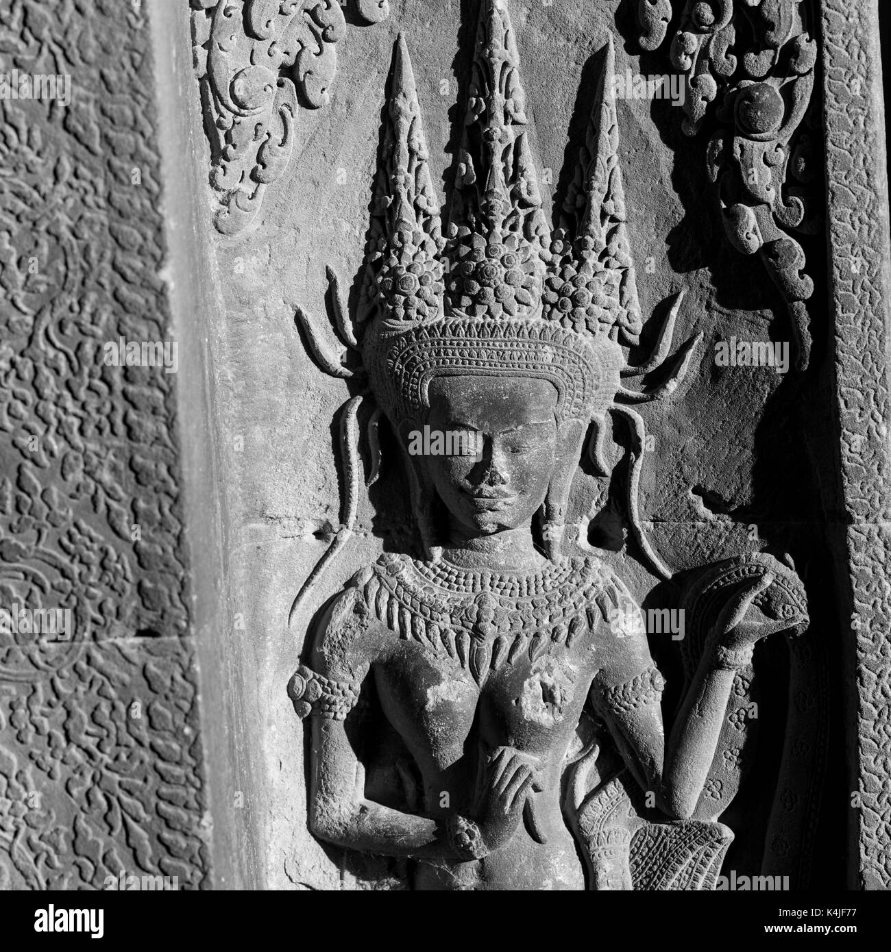 Close-up di statua scolpita nel tempio, krong siem reap, siem reap, Cambogia Foto Stock