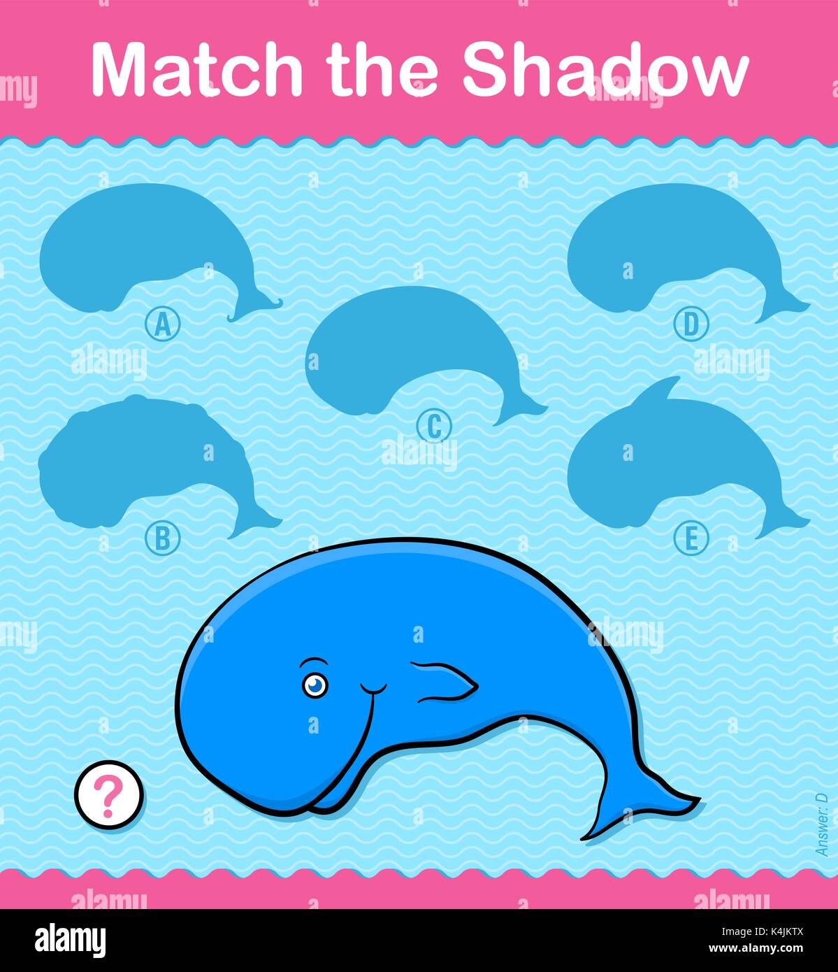 Simpatico puzzle blu balena ombra per i bambini con cinque sagome da abbinare all'originale per l'intrattenimento educativo, illustrazione vettoriale Illustrazione Vettoriale