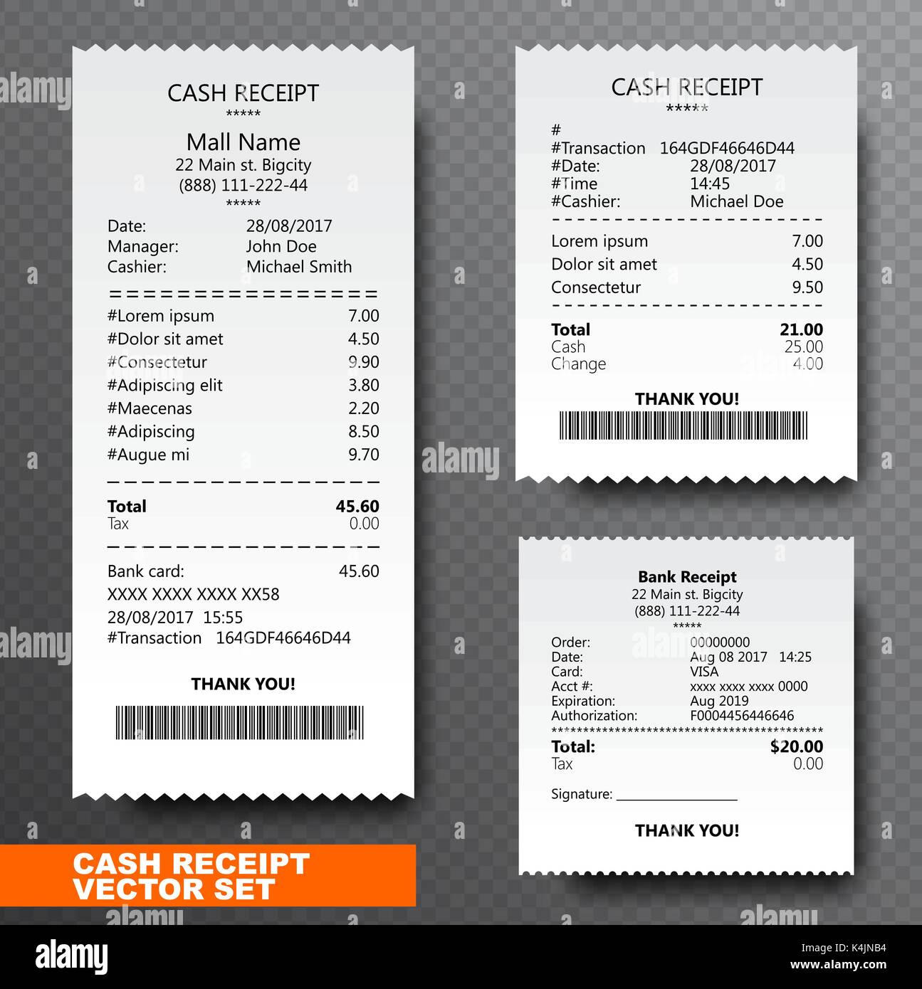 Impostare Carta controllare, ricevuta e finanziari e controllare isolato su sfondo trasparente. Ricevuta stampata registra la vendita di beni o la prestazione di un servizio. Bill Illustrazione Vettoriale