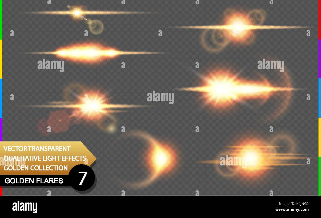 Isolato golden lens flare linea. Incandescenza vettore trasparente effetto luce impostato, esplosione, sun flash e star burst. Abstract traslucido elemento speciale Illustrazione Vettoriale