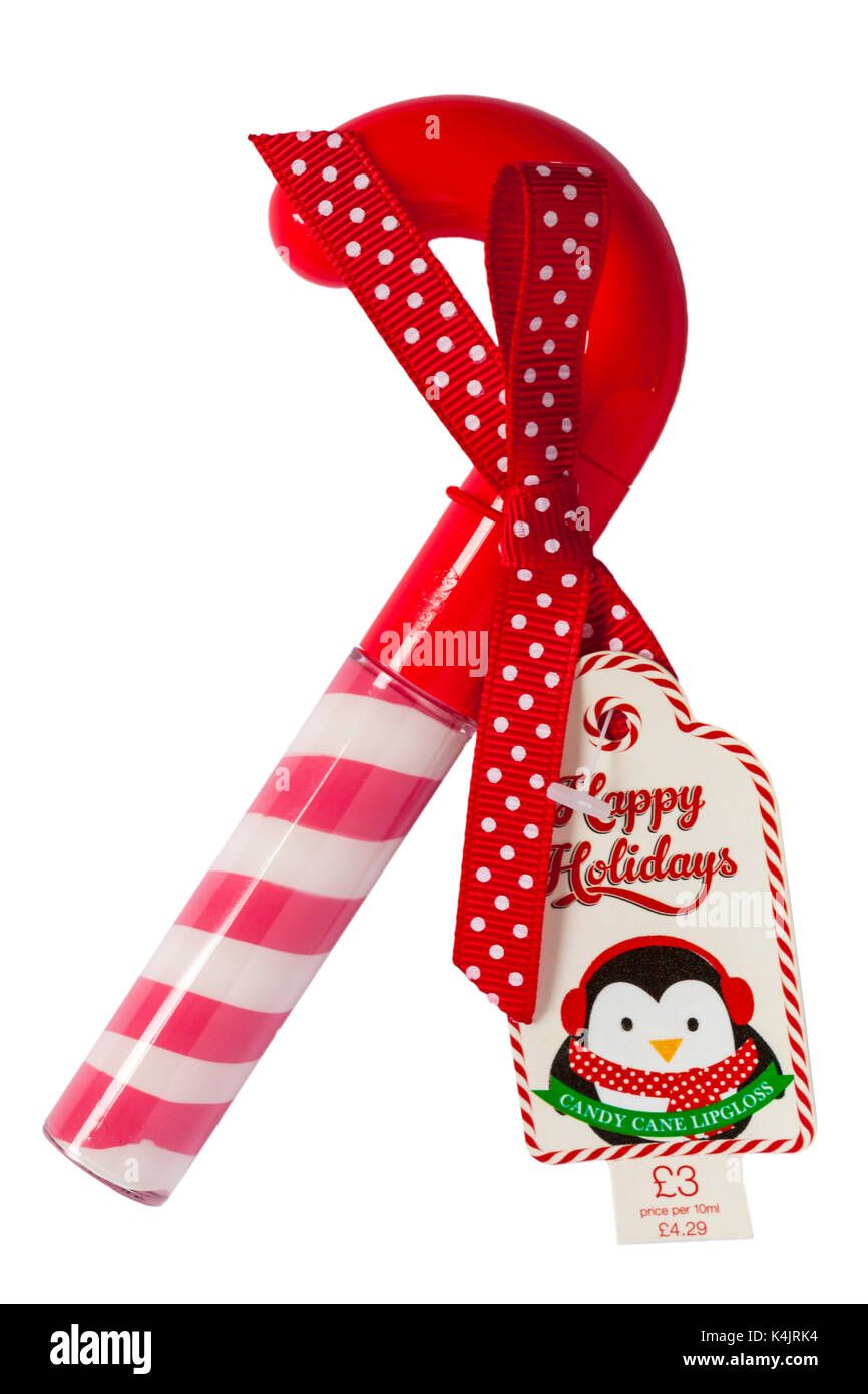 Vacanze felici Candy Cane lucidalabbra isolati su sfondo bianco Foto Stock