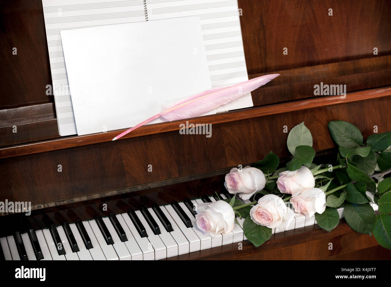 Composizione da un colore rosa pallido rose, carta musicale e bianco foglio bianco con cappello rosa penna marrone sul pianoforte. Foto Stock