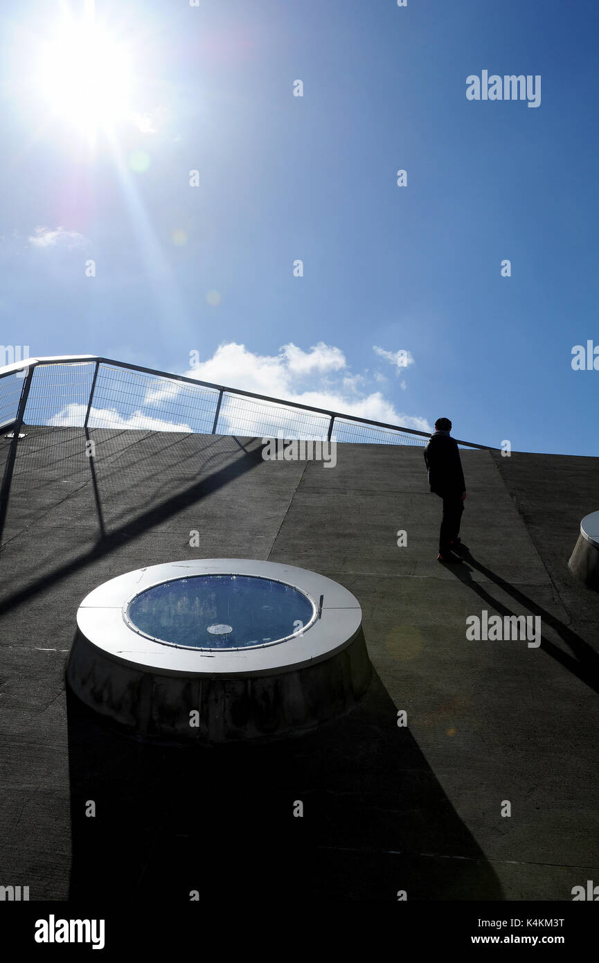 Un uomo che veglia sul tetto di Godsbanen, un centro per la produzione culturale ad Aarhus in Danimarca. Foto Stock