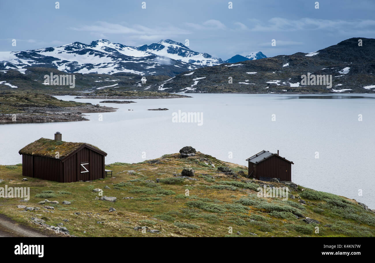 Case di legno presso la famosa County road 55. montagna più alta strada in Norvegia, parte del national itinerario turistico Foto Stock