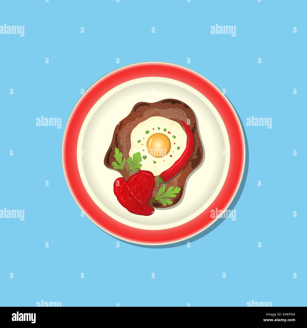 La carne fritta con ketchup, peperoncino e prezzemolo sulla piastra, sfondo senza modello Illustrazione Vettoriale