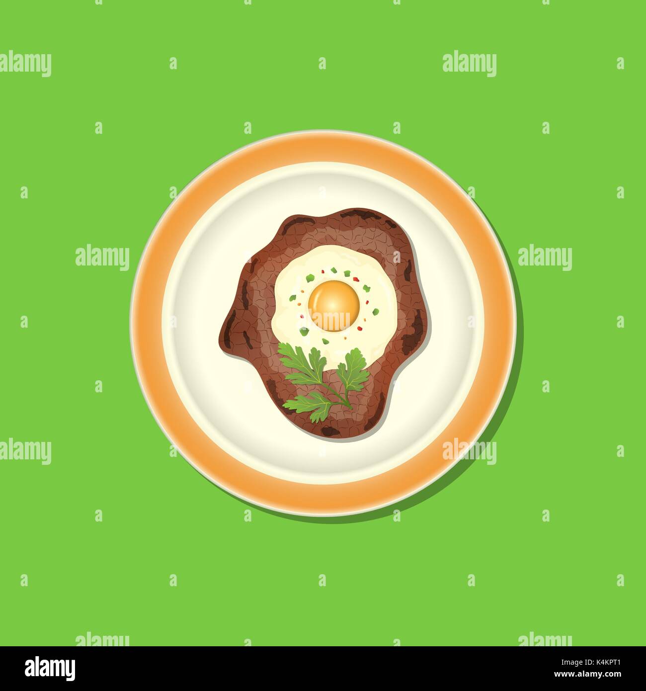 La carne fritta con uova e prezzemolo sulla piastra, sfondo senza modello Illustrazione Vettoriale
