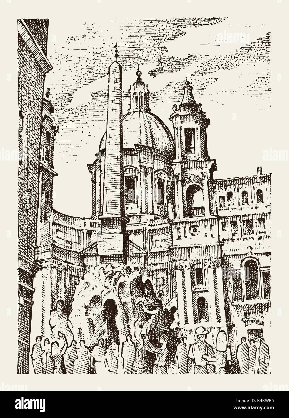 Paesaggio in città europea Roma in Italia . inciso disegnati a mano nel vecchio disegno e stile vintage. architettura storica con edifici in prospettiva. Cartolina di viaggio. Piazza Navona. Illustrazione Vettoriale