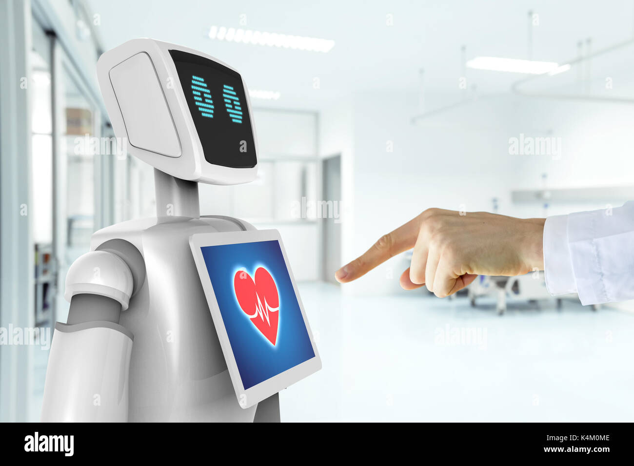 Consulente di robotica tecnologia di servizio nel settore sanitario smart hospital , l'intelligenza artificiale del concetto. Medico dito al punto 3d rendering robot. Foto Stock