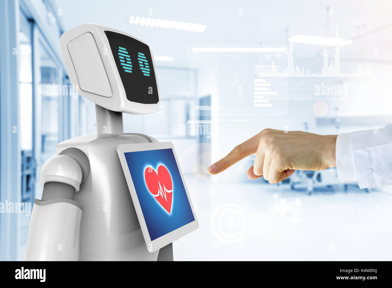 Consulente di robotica tecnologia di servizio nel settore sanitario smart hospital , l'intelligenza artificiale del concetto. Medico dito al punto 3d rendering robot e grafico Foto Stock
