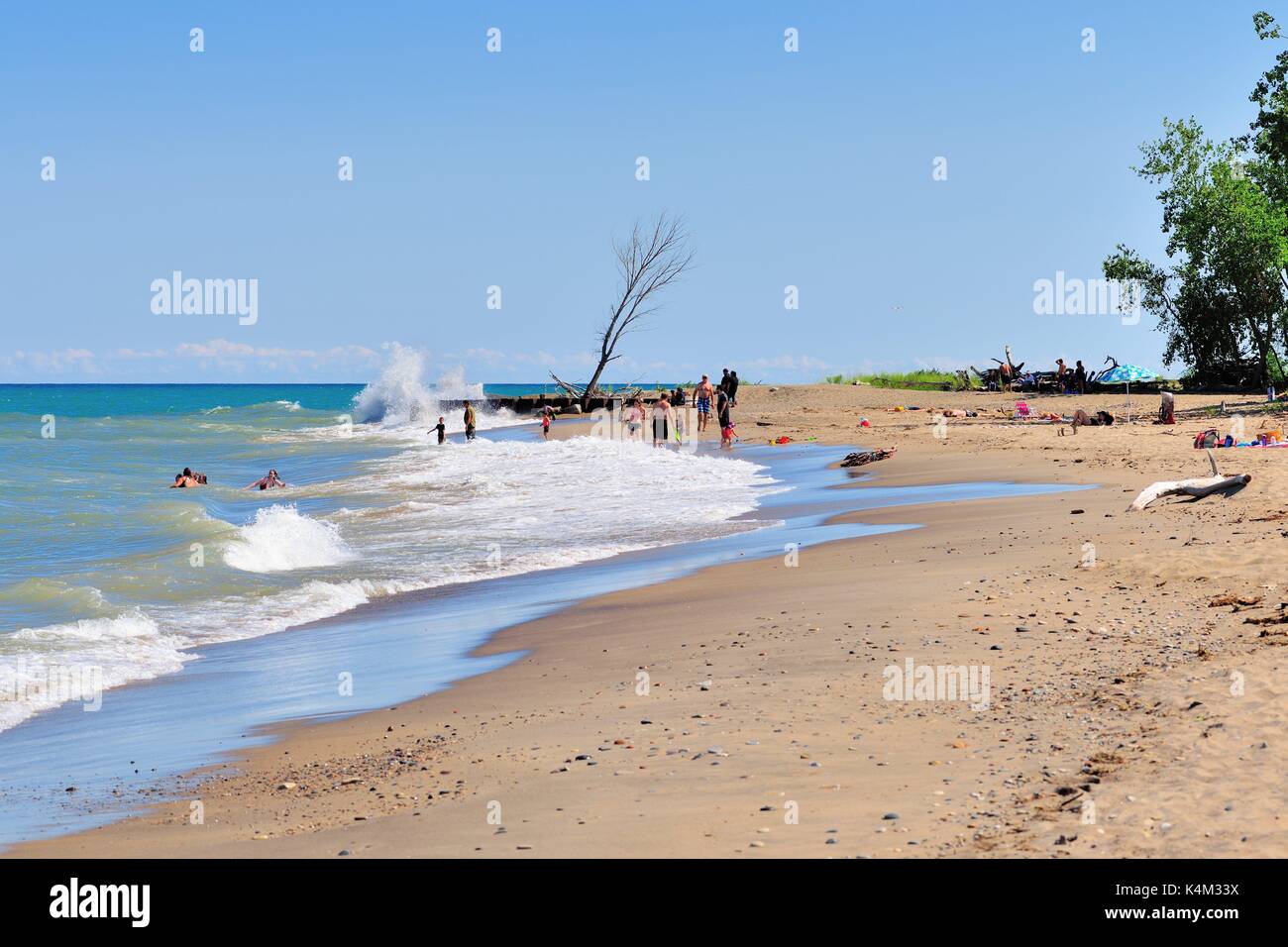 Un paio di persone di giocare o a piedi in pounding surf o rilassarsi in remoto la sabbia a nord della spiaggia in Illinois Beach State Park. Porto Winthrop, Illinois, Foto Stock Un paio di persone di giocare o a piedi in pounding surf o rilassarsi in remoto la sabbia a nord della spiaggia in Illinois Beach State Park. Porto Winthrop, Illinois, Foto Stock