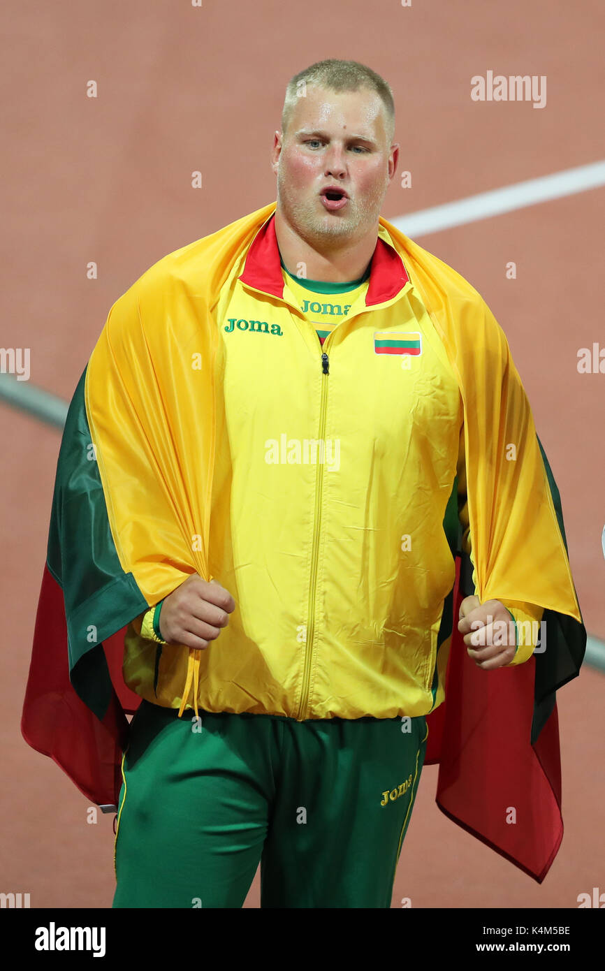 Andrius GUDŽIUS (Lituania) vincitore di uomini del Discus finale al 2017, IAAF Campionati del Mondo, Queen Elizabeth Olympic Park, Stratford, Londra, Regno Unito. Foto Stock