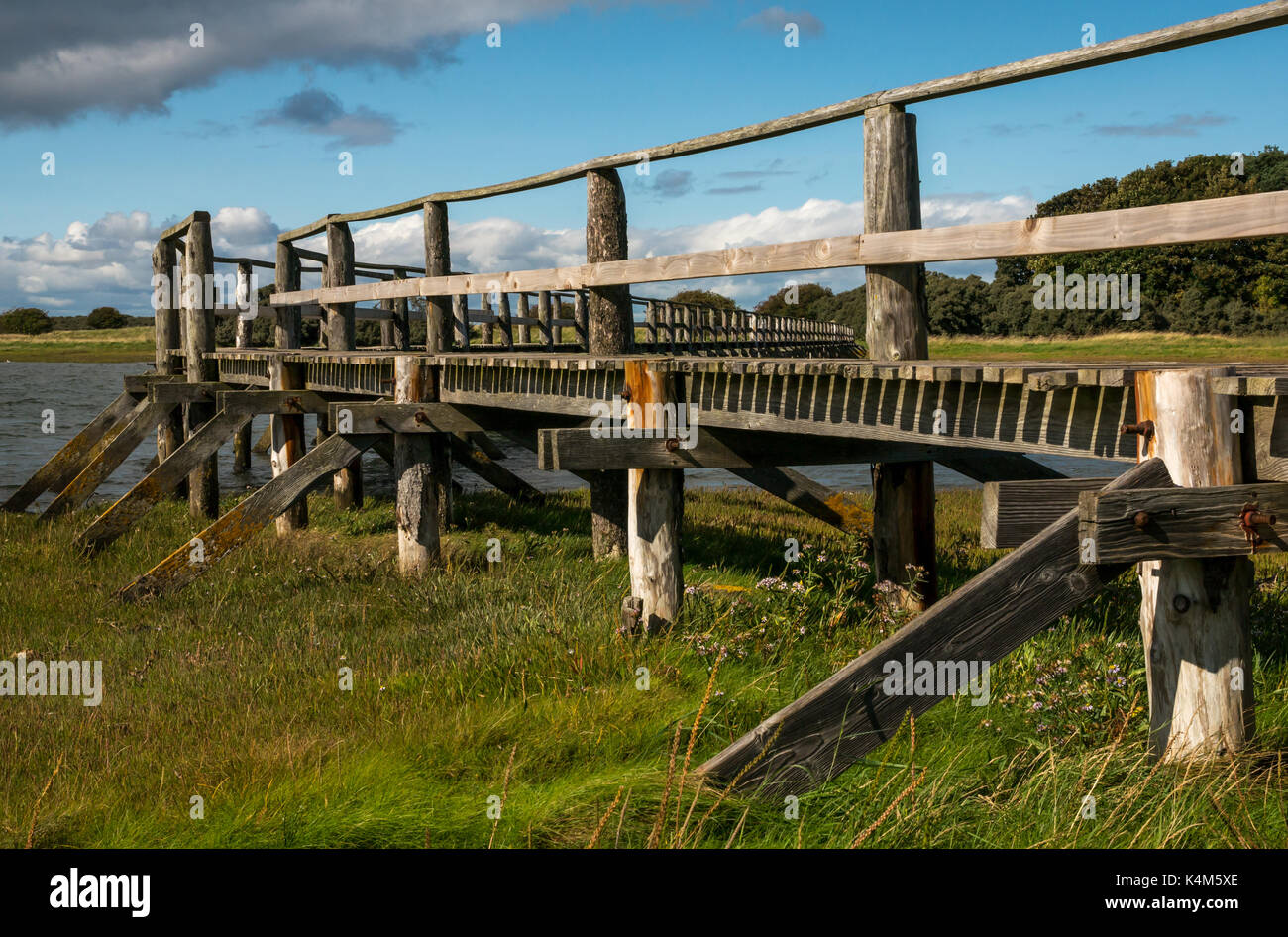 Una passerella di legno su velme ad alta marea a a Aberlady Bay natura locale riserva, East Lothian costa, Scotland, Regno Unito Foto Stock
