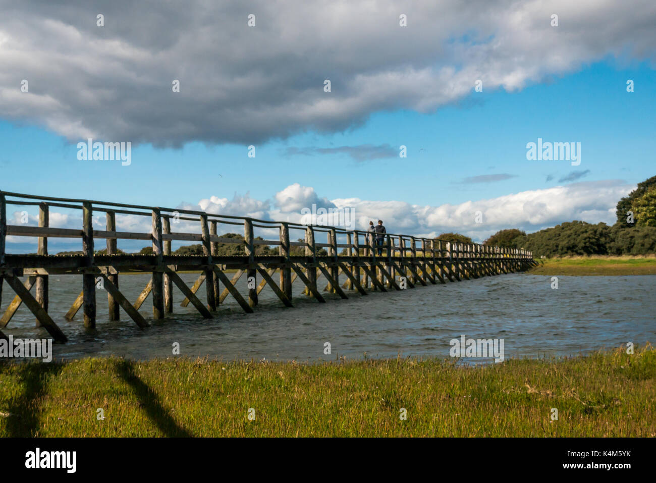 Coppia giovane sulla passerella di legno su velme ad alta marea, a Aberlady Bay natura locale riserva, East Lothian, Scozia, Regno Unito Foto Stock