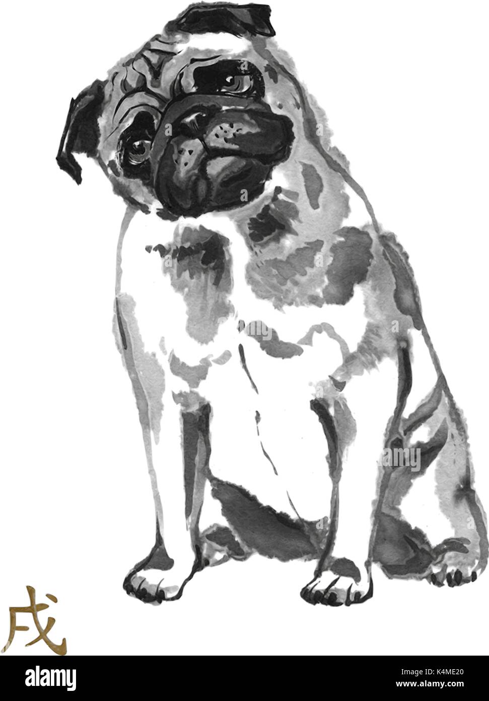 Pug vettore inchiostro orientali pittura con golden hieroglyph cinese 'Dog'. Simbolo del nuovo anno. Originale di sumi-e arte. Illustrazione Vettoriale